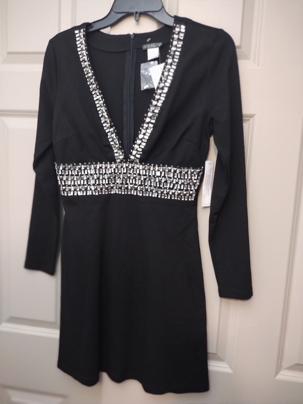 VENUS Black Long-Sleeve Dress with Silver Beaded V-Neck
